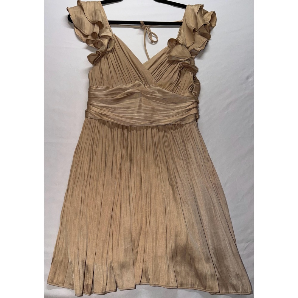 Mable Pleated Ruffle Mini Dress Womens Small Champagne Gold‎ Metallic Party